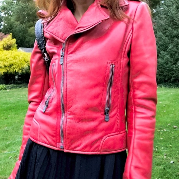 Balenciaga Designer Luxury Red Leather Moto Jacket- Small - Picture 5 of 15